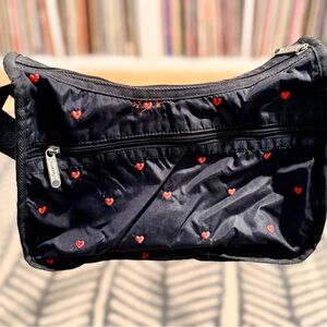Lesportsac Black Crossbody Bag with Embroidered Red Heart Accents